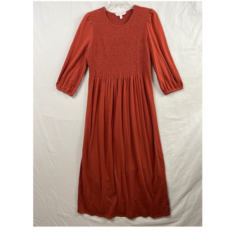 Garnet Hill Midi Dress Women XS Rust Smocked Organic Cotton Tencel 3/4 Sleeve
